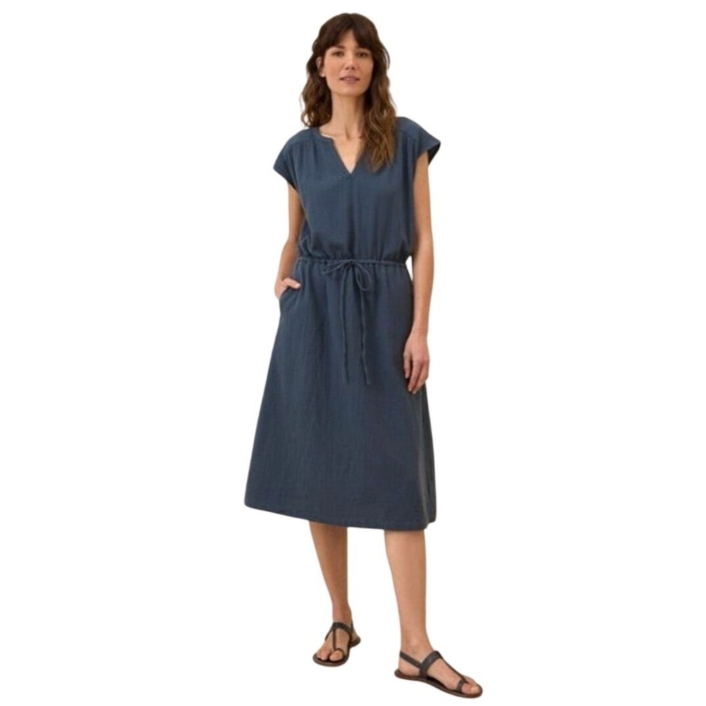 Pact Women Org. Cotton Slub Jersey Drawstring Midi Dress Sz S Blue Casual Beach